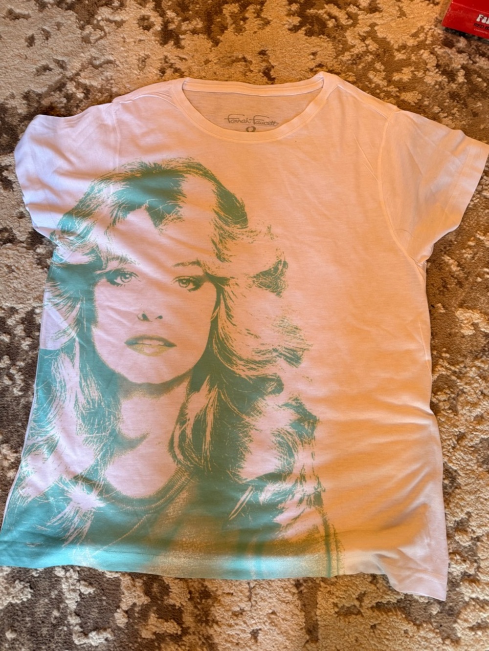 Farrah Fawcett White Tee with Teal Portrait Graphic - Picture 2 of 2